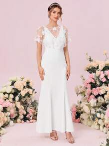 SHEIN Belle Floral Embroidery Mesh Mermaid Hem Satin Wedding Dress - White - View 6
