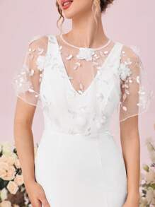 SHEIN Belle Floral Embroidery Mesh Mermaid Hem Satin Wedding Dress - White - View 7