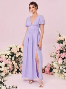 SHEIN Belle Váy phù dâu Lộ Lưng Buộc lại Dây kéo Tách cao màu trơn - Màu Lilac Tím - Xem 4