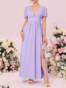 SHEIN Belle Váy phù dâu Lộ Lưng Buộc lại Dây kéo Tách cao màu trơn - Màu Lilac Tím - Xem 5