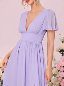 SHEIN Belle Váy phù dâu Lộ Lưng Buộc lại Dây kéo Tách cao màu trơn - Màu Lilac Tím - Xem 6