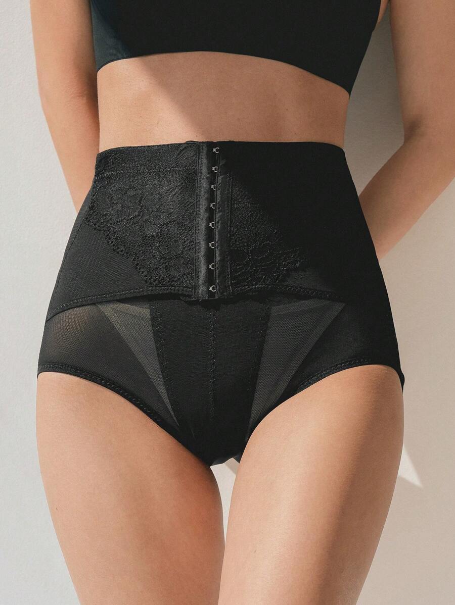 DAZY Contrast Mesh Hook And Eye Shapewear Panty - Black - View 1
