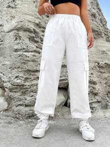 SHEIN EZwear Flap Pocket Side Cargo Pants - White - View 3