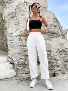 SHEIN EZwear Flap Pocket Side Cargo Pants - White - View 5