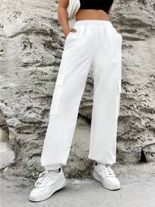 SHEIN EZwear Flap Pocket Side Cargo Pants - White - View 6