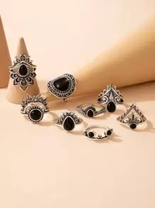 imoli Bộ 8 vòng dầu nhỏ giọt bằng hợp kim màu đen theo phong cách Gothic dành cho nữ, quà tặng hẹn hò (Sơn dầu nhỏ giọt thủ công, hơi khác nhau giữa các lô, hiệu ứng làm đen ngẫu nhiên) - Bạc - Xem 3