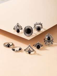 imoli Bộ 8 vòng dầu nhỏ giọt bằng hợp kim màu đen theo phong cách Gothic dành cho nữ, quà tặng hẹn hò (Sơn dầu nhỏ giọt thủ công, hơi khác nhau giữa các lô, hiệu ứng làm đen ngẫu nhiên) - Bạc - Xem 5