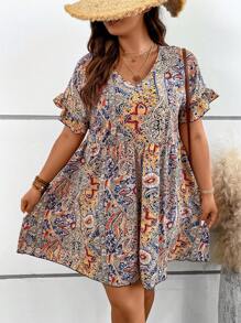 SHEIN Holidaya Plus Paisley Print Flounce Sleeve Smock Dress - Khaki - View 1