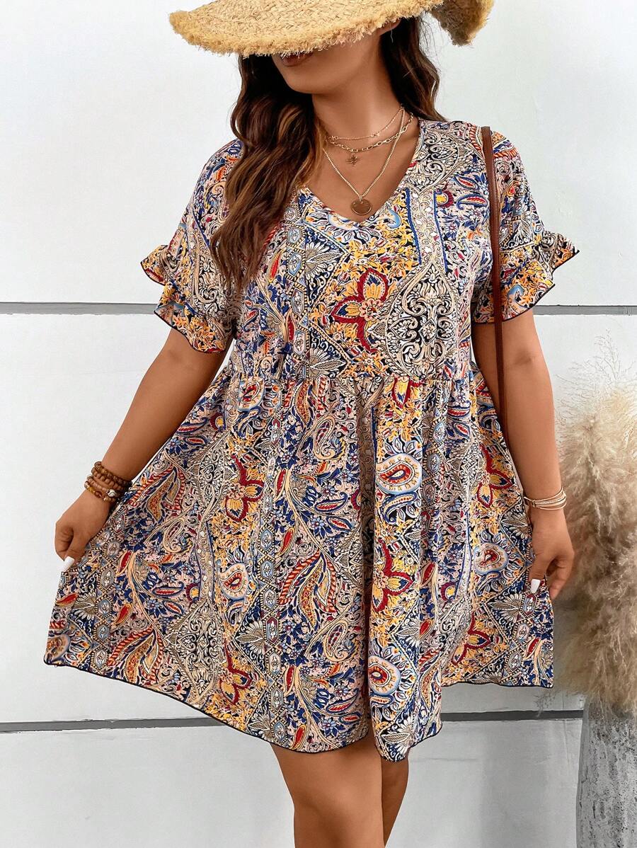 SHEIN Holidaya Plus Paisley Print Flounce Sleeve Smock Dress - Khaki - View 1