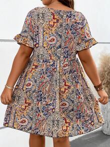 SHEIN Holidaya Plus Paisley Print Flounce Sleeve Smock Dress - Khaki - View 2