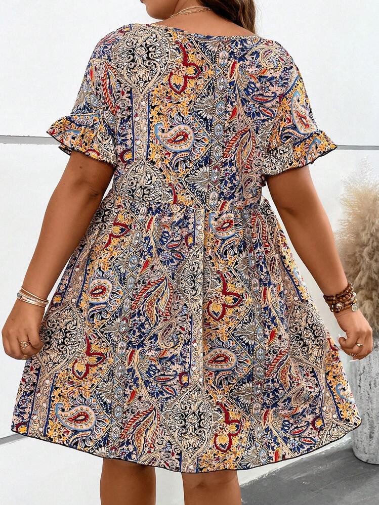 SHEIN Holidaya Plus Robe Imprimé Manches Évasées - Kaki - Voir 2