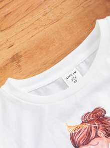 SHEIN Tops con gái lớn Con số Hoa Giải trí - trắng - Xem 4