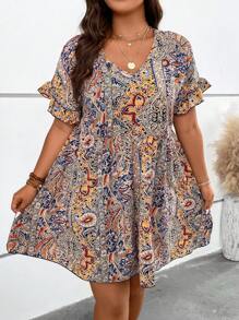 SHEIN Holidaya Plus Paisley Print Flounce Sleeve Smock Dress - Khaki - View 3