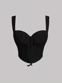 SHEIN MOD Áo khoác và áo lót dành cho xe tăng nữ Bất đối xứng Thắt nơ trước Nếp gấp Phần Ngực màu trơn Giải trí - màu đen - Xem 1