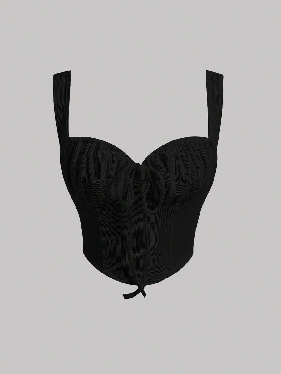 SHEIN MOD Áo khoác và áo lót dành cho xe tăng nữ Bất đối xứng Thắt nơ trước Nếp gấp Phần Ngực màu trơn Giải trí - màu đen - Xem 1