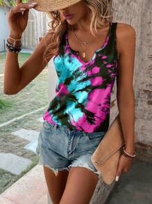LONESS Tie Dye Notched Neck Tank Top - Multicolor - View 6