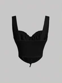 SHEIN MOD Áo khoác và áo lót dành cho xe tăng nữ Bất đối xứng Thắt nơ trước Nếp gấp Phần Ngực màu trơn Giải trí - màu đen - Xem 2