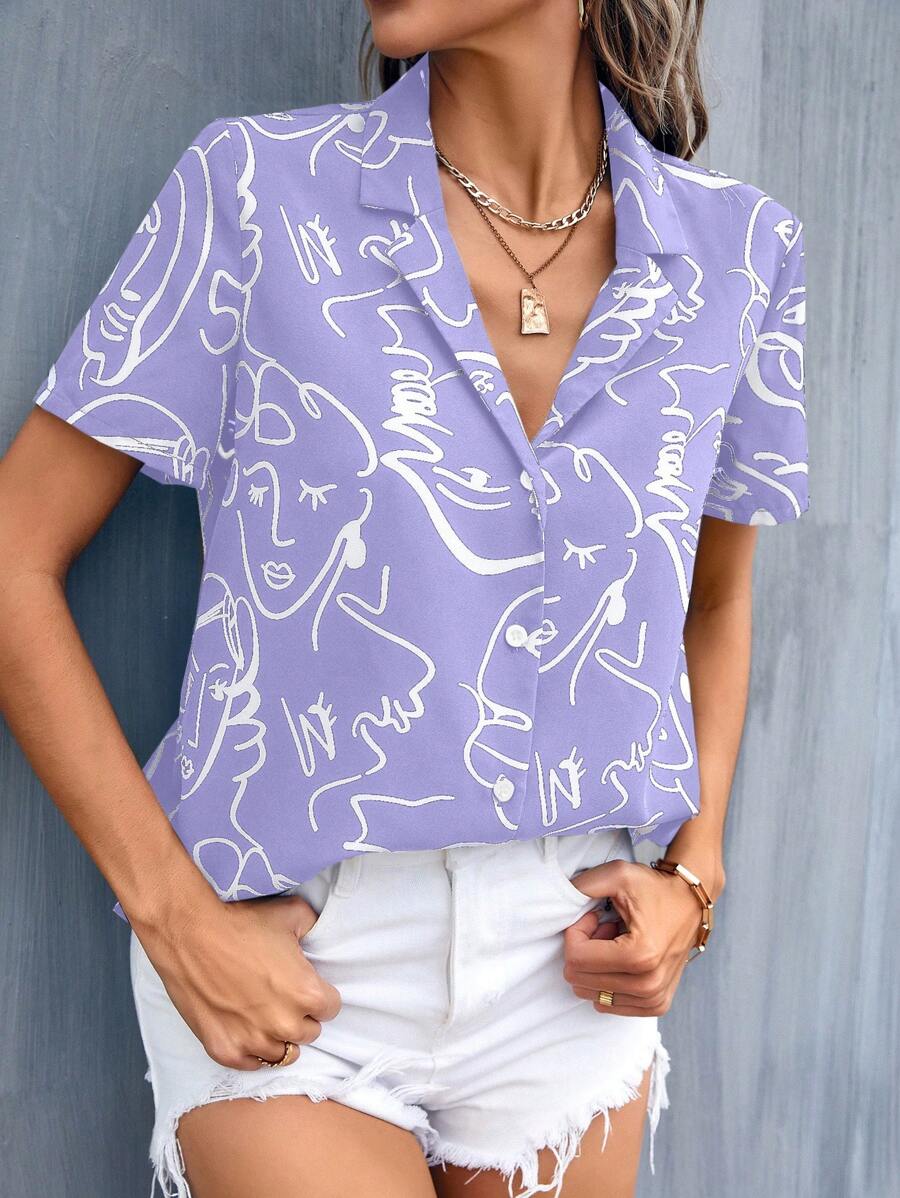 SHEIN LUNE 人像圖案西裝領襯衫 - 紫丁香色 - 查看 1