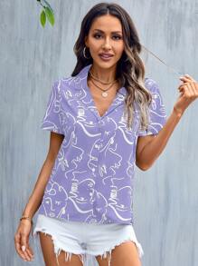 SHEIN LUNE 人像圖案西裝領襯衫 - 紫丁香色 - 查看 3