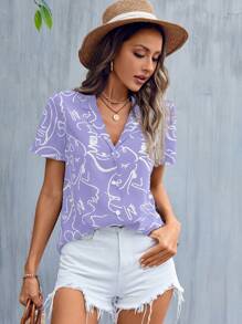 SHEIN LUNE 人像圖案西裝領襯衫 - 紫丁香色 - 查看 5