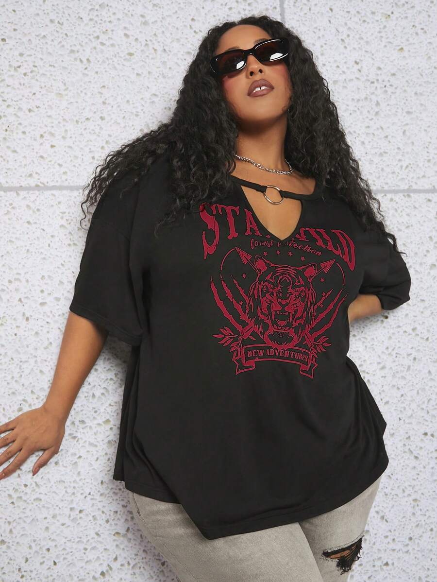 SHEIN CURVE+ Áo thun Plus size Cắt ra Nhẫn Thú vật Lá thư Giải trí - màu đen - Xem 1