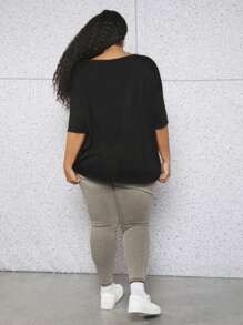 SHEIN CURVE+ Áo thun Plus size Cắt ra Nhẫn Thú vật Lá thư Giải trí - màu đen - Xem 2