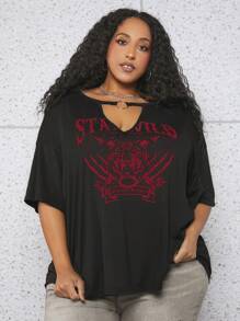 SHEIN CURVE+ Áo thun Plus size Cắt ra Nhẫn Thú vật Lá thư Giải trí - màu đen - Xem 3