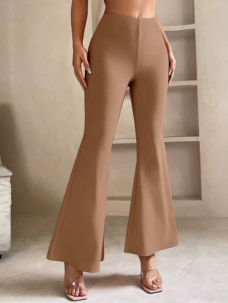 SHEIN PETITE 女士纯色日常喇叭裤 - 駝色 - 查看 1