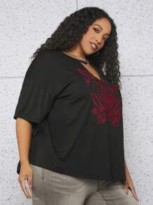 SHEIN CURVE+ Áo thun Plus size Cắt ra Nhẫn Thú vật Lá thư Giải trí - màu đen - Xem 4