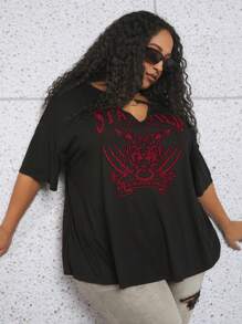 SHEIN CURVE+ Áo thun Plus size Cắt ra Nhẫn Thú vật Lá thư Giải trí - màu đen - Xem 5