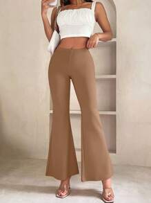 SHEIN PETITE 女士纯色日常喇叭裤 - 駝色 - 查看 3