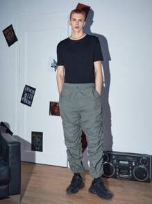 SWAVVY 1pc Drawstring Waist Ruched Trousers - Dark Grey - View 6