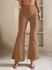 SHEIN PETITE 女士纯色日常喇叭裤 - 駝色 - 查看 4