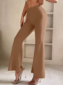 SHEIN PETITE 女士纯色日常喇叭裤 - 駝色 - 查看 5