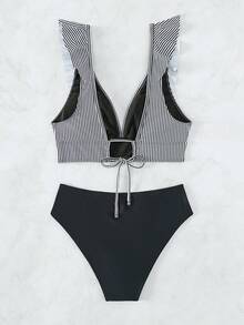 Striped Ruffle Trim Bikini Set - Black and White - View 4