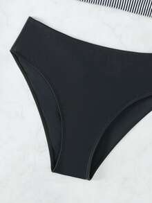 Striped Ruffle Trim Bikini Set - Black and White - View 5