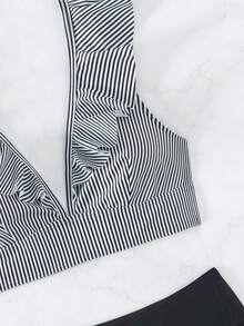 Striped Ruffle Trim Bikini Set - Black and White - View 6