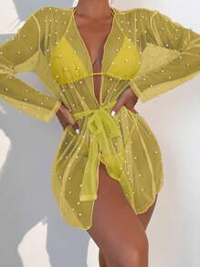 Pearls Beaded Sheer Mesh Kimono - Yellow - View 1