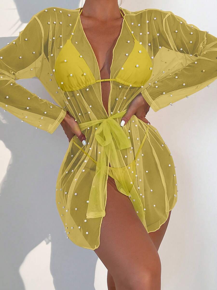Pearls Beaded Sheer Mesh Kimono - Yellow - View 1