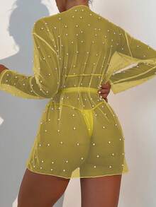 Pearls Beaded Sheer Mesh Kimono - Yellow - View 2