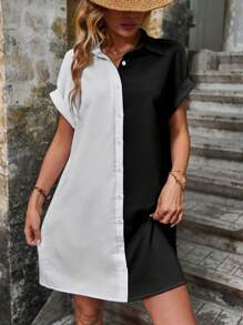 SHEIN LUNE Đầm Nút phía trước Khối Màu Giải trí - Đen và trắng - Xem 4
