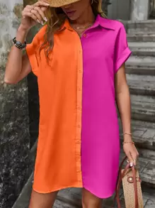 Breezaya Two Tone Batwing Sleeve Shirt Dress Vacation Beach Outfits Women - Multicolor - View 5