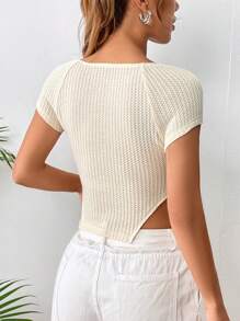 SHEIN EZwear 雞心領口插肩袖不對稱下擺T恤 - 米色 - 查看 2