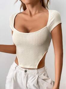 SHEIN EZwear 雞心領口插肩袖不對稱下擺T恤 - 米色 - 查看 5