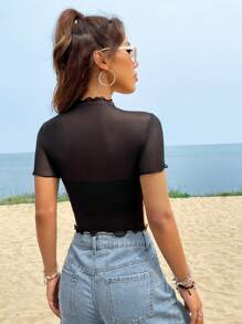 SHEIN EZwear Áo nữ Xù nhỏ cắt Ngọn lửa Giải trí - màu đen - Xem 2