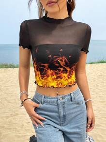 SHEIN EZwear Áo nữ Xù nhỏ cắt Ngọn lửa Giải trí - màu đen - Xem 3