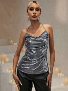 SHEIN BAE Draped Collar Backless Halter Top - Silver - View 1