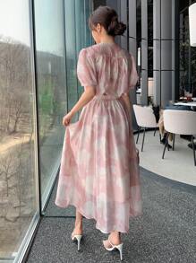 DAZY 滿版印花前紐扣泡泡袖襯衫和半身裙 - 粉色 - 查看 2