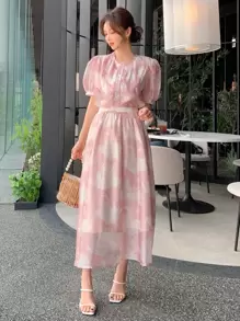 DAZY 滿版印花前紐扣泡泡袖襯衫和半身裙 - 粉色 - 查看 3