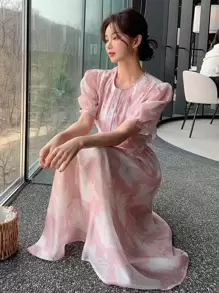 DAZY 滿版印花前紐扣泡泡袖襯衫和半身裙 - 粉色 - 查看 4